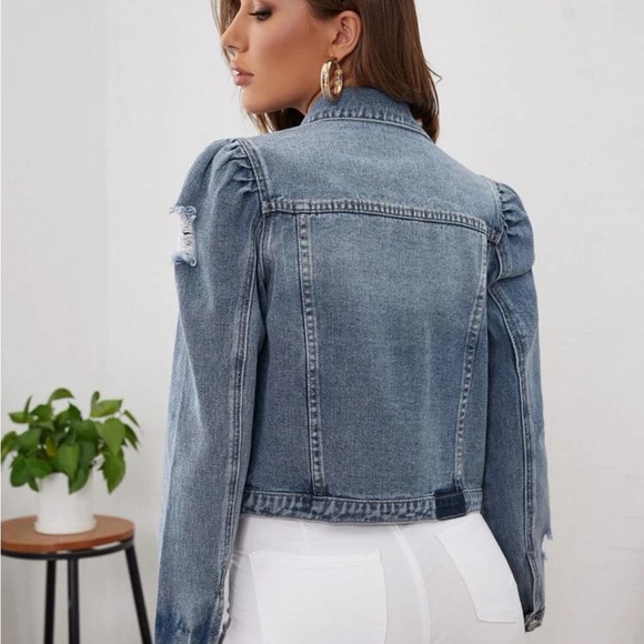 Boho Distressed Ripped Puff Sleeve Cropped Jeans Denim Jacket - Picture 7 of 11